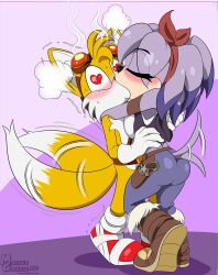 Rule 34 | 1boy, 1girl, arms around neck, bandicoot girl, blush, breasts, closed eyes, colored skin, curvy, deviantart username, fox boy, goggles, goggles on head, hands on another&#039;s waist, heart, heart-shaped pupils, highres, kiss, mobian (species), moisesgrafic, multiple tails, perci the bandicoot, purple hair, purple skin, sonic (series), steam from ears, symbol-shaped pupils, tail, tail wagging, tails (sonic), yellow fur