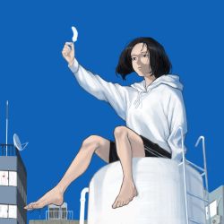 Rule 34 | 1girl, arm support, arm up, asian, bare legs, barefoot, black eyes, black hair, black shorts, blue background, blue sky, building, character request, city, closed mouth, copyright request, day, drawstring, feathers, feet, highres, holding, holding feather, hood, hood down, hoodie, kondate (inugrm), ladder, long sleeves, looking ahead, outdoors, outstretched arm, railing, satellite dish, short hair, shorts, simple background, sitting, sky, soles, solo, symbol-only commentary, white hoodie, window