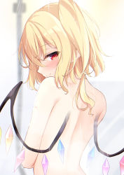 Rule 34 | 1girl, absurdres, back, back focus, bad id, bad pixiv id, blonde hair, blurry, blurry background, blush, chromatic aberration, closed mouth, commentary request, completely nude, crystal, depth of field, fang, fang out, flandre scarlet, from behind, hair between eyes, highres, looking at viewer, looking back, miy@, no headwear, nude, one side up, profile, red eyes, short hair, showering, smile, solo, steam, touhou, upper body, wings