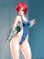 Rule 34 | 1girl, absurdres, arteslav, artist name, warrior of light (ff14), bare arms, bare shoulders, blue one-piece swimsuit, breasts, cleavage, collarbone, commentary, competition swimsuit, contrapposto, covered navel, cowboy shot, final fantasy, final fantasy xiv, gluteal fold, green background, green eyes, groin, hair between eyes, highleg, highleg swimsuit, highres, jacket, lips, long sleeves, looking at viewer, medium breasts, off shoulder, one-piece swimsuit, original, patreon logo, pinup (style), red hair, short hair, smile, solo, standing, swimsuit, thighs, undressing