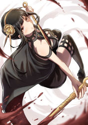 Rule 34 | 1girl, absurdres, bare arms, black cape, black dress, black footwear, black hair, blood, blood splatter, boots, breasts, brown eyes, cape, cleavage, closed mouth, dress, dual wielding, eat some cookie, floating hair, flower, frown, hair flower, hair ornament, hairband, highres, holding, holding weapon, looking at viewer, medium breasts, no gloves, short dress, short hair with long locks, sidelocks, sketch, sleeveless, sleeveless dress, solo, spy x family, thigh boots, thighhighs, weapon, yellow flower, yellow hairband, yor briar, zettai ryouiki