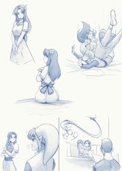 Rule 34 | 1girl, 2boys, absurdres, annoyed, artist request, ass, bird, character request, chicken, comic, dress, elf, grin, highres, link, long dress, long hair, looking back, marin (marine-sky-earth), marin (zelda), multiple boys, nintendo, pointy ears, ribbon, sidelocks, sitting, smile, source request, standing, tagme, the legend of zelda, the legend of zelda: link&#039;s awakening