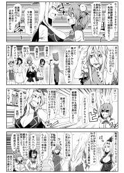 Rule 34 | 4koma, 6+girls, adapted costume, anger vein, animal ears, antennae, ascot, bare shoulders, bracelet, breasts, cape, carrot necklace, cat ears, cat tail, chen, cleavage, comic, detached sleeves, double bun, earrings, emphasis lines, enami hakase, closed eyes, flandre scarlet, greyscale, hair bun, hand up, hat, highres, horns, ibaraki kasen, inaba tewi, jewelry, kamishirasawa keine, kijin seija, large breasts, long hair, microphone, microphone stand, monochrome, multiple girls, multiple tails, necklace, open mouth, rabbit ears, rabbit tail, sakata nemuno, sharp teeth, short hair, single earring, tail, teeth, thighhighs, touhou, translation request, wings, wriggle nightbug