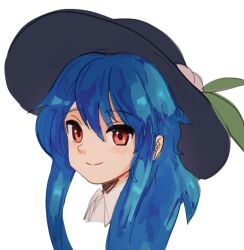 Rule 34 | 1girl, black hat, blue hair, closed mouth, collared shirt, commentary request, happy, hat, highres, hinanawi tenshi, long hair, looking at viewer, peach hat ornament, plus2sf, red eyes, shirt, smile, solo, touhou, very long hair, white shirt