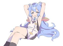 Rule 34 | 1boy, ahoge, armpits, arms behind head, bike shorts, blue eyes, blue hair, hacka doll, hacka doll 3, invisible chair, crossed legs, long hair, looking at viewer, male focus, open mouth, sanze (gokiburi kirai), sitting, sleeveless, solo, trap, twintails, white background