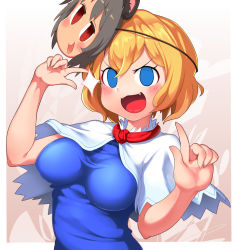 Rule 34 | 1girl, alice margatroid, blonde hair, blue eyes, blush, breasts, character mask, cookie (touhou), fangs, highres, index finger raised, kofji (cookie), looking at viewer, mask, mask on head, medium breasts, nazrin (touhou), open mouth, short hair, sinzen, smile, solo, upper body, v-shaped eyebrows, wavy hair, web (cookie)