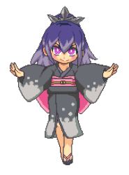 Rule 34 | 10s, 1girl, bad id, bad nijie id, full body, high ponytail, hyakkihime, japanese clothes, kimono, long hair, long sleeves, lowres, miruku (jgmpta), multicolored hair, no socks, pink eyes, pixel art, purple hair, sandals, smile, solo, transparent background, two-tone hair, traditional youkai, youkai watch