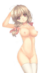 Rule 34 | 1girl, :o, absurdres, arm up, bad id, bad pixiv id, blush, bow, breasts, brown hair, collarbone, hair bow, highres, long hair, looking at viewer, medium breasts, nipples, nude, original, pussy, red eyes, simple background, solo, tama (tamatamo), thighhighs, uncensored, white thighhighs