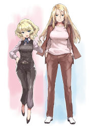 Rule 34 | 2girls, alternate costume, black footwear, black pants, blonde hair, blue eyes, braid, breasts, buttons, colorado (kancolle), french braid, green eyes, hand on own hip, hands in pockets, index finger raised, jacket, kantai collection, large breasts, long hair, long sleeves, matsutani, medium breasts, multiple girls, nelson (kancolle), open mouth, pants, red jacket, red pants, shirt, short hair, simple background, smile, standing, white footwear, white shirt