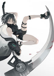 Rule 34 | 1girl, arknights, black footwear, black hair, blouse, fur-trimmed sleeves, fur trim, grey eyes, hair between eyes, haocong33, highres, jacket, la pluma (arknights), open clothes, open jacket, scythe, shirt, short shorts, shorts, simple background, sleeveless, sleeveless shirt, solo, tagme, thigh strap, thighs, weapon, white background