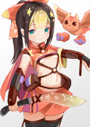 Rule 34 | 1girl, absurdres, black hair, black thighhighs, blonde hair, breasts, brown gloves, closed mouth, creature, crop top, fingerless gloves, gloves, gradient background, green eyes, grey background, hair ribbon, highres, holding, holding knife, holding weapon, knife, kobi (piliheros2000), kukri, long hair, looking at viewer, midriff, multicolored hair, navel, orange ribbon, orange shirt, orange skirt, original, ponytail, ribbon, shirt, short sleeves, sidelocks, single sleeve, skirt, sleeveless, sleeveless shirt, small breasts, smile, solo, star (symbol), thighhighs, two-tone hair, weapon, white background