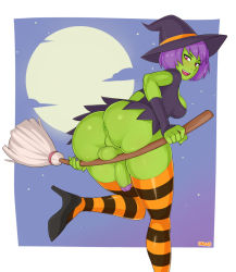 Rule 34 | 1futa, anus, black dress, breasts, broom, broom riding, colored skin, dress, dross, full moon, futanari, green skin, halloween, hat, highres, looking back, moon, newhalf, panties, penis, pink eyes, purple hair, red eyes, solo, striped clothes, striped panties, striped thighhighs, testicles, thighhighs, tucked penis, uncensored, underwear, witch, witch hat