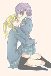 Rule 34 | 2girls, ayase eli, black socks, black thighhighs, blonde hair, blue eyes, blue jacket, blue skirt, blush, bow, bowtie, brown background, closed mouth, collared shirt, commentary request, couple, eye contact, green bow, green bowtie, green eyes, hair ornament, hair scrunchie, hand on another&#039;s head, highres, jacket, kashikaze, kneehighs, long hair, long sleeves, looking at another, love live!, love live! school idol project, low twintails, miniskirt, multiple girls, open mouth, otonokizaka school uniform, outline, plaid, plaid skirt, ponytail, purple hair, purple scrunchie, school uniform, scrunchie, shirt, simple background, sitting, skirt, socks, striped bow, striped bowtie, striped clothes, teeth, thighhighs, tojo nozomi, twintails, upper teeth only, white outline, white scrunchie, white shirt, yuri, zettai ryouiki