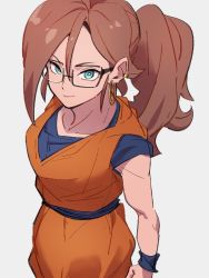 Rule 34 | 1girl, android 21, blue eyes, closed mouth, cosplay, dragon ball, dragon ball fighterz, earrings, glasses, grey background, hoop earrings, jewelry, kemachiku, long hair, looking at viewer, ponytail, red hair, simple background, smile, solo, son goku (cosplay), son goku