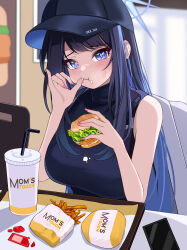 Rule 34 | 1girl, 82jhin, :t, absurdres, bare arms, bare shoulders, baseball cap, blue archive, blue eyes, blue hair, blue hat, blush, breasts, burger, cellphone, commentary request, crying, crying with eyes open, cup, disposable cup, drinking straw, food, french fries, hands up, hat, highres, holding, holding food, indoors, large breasts, looking at viewer, partial commentary, phone, saori (blue archive), shirt, sleeveless, sleeveless shirt, smartphone, solo, tears, upper body