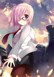 Rule 34 | 1girl, black-framed eyewear, black dress, black pantyhose, blush, closed mouth, cloud, cloudy sky, commentary request, cowboy shot, day, dress, fate/grand order, fate (series), from side, glasses, hair over one eye, hood, hoodie, light particles, light purple hair, looking at viewer, looking to the side, mash kyrielight, necktie, one eye covered, outdoors, outstretched arm, pantyhose, pink hair, purple eyes, red necktie, shield, shimesaba kohada, shiny clothes, short hair, sky, solo, standing, wind