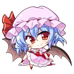 Rule 34 | 1girl, bat wings, blue hair, brooch, chibi, closed mouth, collared dress, commentary request, crossed bangs, dress, fang, hair between eyes, hat, hat ribbon, highres, invisible chair, jewelry, mob cap, no nose, pink dress, pink hat, pink wrist cuffs, pointy ears, puffy short sleeves, puffy sleeves, red brooch, red eyes, red ribbon, remilia scarlet, ribbon, short sleeves, simple background, sitting, slit pupils, smile, solo, touhou, ut pictura poesis, white background, wings, wrist cuffs