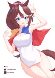 Rule 34 | 1girl, absurdres, animal ears, arm up, armpits, blue eyes, bow, breasts, brown hair, china dress, chinese clothes, cleavage, cow, cowboy shot, dress, ear ornament, epaulettes, hair between eyes, highres, horse ears, horse girl, horse tail, long hair, looking at viewer, medium breasts, multicolored hair, pink bow, side cape, single epaulette, smile, solo, streaked hair, tail, teeth, thighs, tokai teio (umamusume), tsubame tien, twitter username, umamusume, upper body, upper teeth only, v, white dress, white hair
