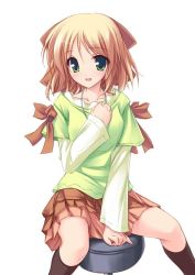 Rule 34 | 00s, 1girl, between legs, blonde hair, blush, brown skirt, chair, collarbone, embarrassed, frilled skirt, frills, green eyes, green shirt, hand between legs, happiness!, jewelry, kohinata sumomo, long sleeves, looking at viewer, necklace, open mouth, ribbon, shirt, short hair, simple background, skirt, solo, stool, tenmaso, wavy mouth, white background