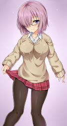 Rule 34 | 1girl, alternate costume, black pantyhose, breasts, commentary request, eyebrows, fate/grand order, fate (series), glasses, gradient background, hair over eyes, highres, holding, holding clothes, holding skirt, kuragari, large breasts, long sleeves, looking at viewer, mash kyrielight, miniskirt, pantyhose, purple background, purple eyes, purple hair, red skirt, school uniform, short hair, simple background, skirt, solo, winter uniform