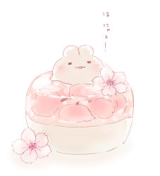 Rule 34 | animal focus, blush, cherry blossoms, closed eyes, flower, food, food focus, food request, no humans, open mouth, original, pink flower, rabbit, shadow, smile, solo, straight-on, sweets, umibird, white background