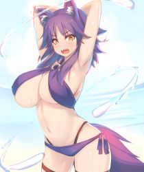 Rule 34 | 1girl, animal ear fluff, animal ears, armpits, arms up, bikini, blush, breasts, criss-cross halter, halterneck, highleg, highres, large breasts, looking at viewer, makoto (princess connect!), makoto (summer) (princess connect!), navel, o-ring, o-ring top, open mouth, princess connect!, purple bikini, purple hair, shiki (psychedelic g2), short hair, side-tie bikini bottom, solo, swimsuit, tail, thigh strap, wolf ears, wolf girl, wolf tail, yellow eyes