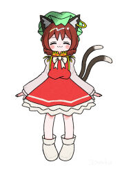Rule 34 | 1girl, animal ear fluff, animal ears, blush stickers, boots, bow, bowtie, brown hair, cat ears, cat tail, chen, closed eyes, dotaku (wran8845), earrings, facing viewer, full body, happy, hat, jewelry, long sleeves, mob cap, multiple tails, nekomata, puffy long sleeves, puffy sleeves, red skirt, red vest, short hair, simple background, single earring, skirt, skirt set, solo, tail, touhou, two tails, vest, white background, white bow, white bowtie