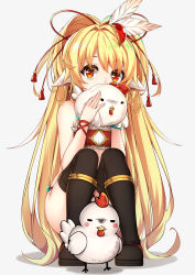 Rule 34 | 1girl, animal ears, bandeau, bare shoulders, bird, black footwear, blonde hair, blush, blush stickers, boots, bracelet, chicken, covering own mouth, earrings, feather hair ornament, feathers, full body, full moon, fur trim, granblue fantasy, grey background, hair ornament, healther, highres, holding, jewelry, long hair, looking at viewer, mahira (granblue fantasy), moon, panties, pearl bracelet, red eyes, simple background, solid circle eyes, solo, squatting, tareme, tassel, thigh boots, thighhighs, underwear, very long hair, white panties, wristband