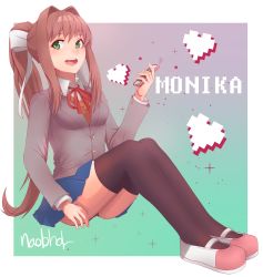 Rule 34 | 1girl, :d, arm up, artist name, black panties, black thighhighs, bow, breasts, brown hair, cellphone, collared shirt, commentary, doki doki literature club, full body, gradient background, green eyes, grey jacket, hair bow, hair intakes, heart, highres, holding, holding phone, jacket, long hair, long sleeves, looking at viewer, mary janes, medium breasts, miniskirt, monika (doki doki literature club), naobhal, open mouth, orange vest, panties, pantyshot, phone, pixel heart, pixelated, ponytail, red neckwear, ribbon, school uniform, shirt, shoes, sidelocks, signature, sitting, skirt, smartphone, smile, solo, teeth, thighhighs, underwear, upper teeth only, upskirt, uwabaki, very long hair, vest, white footwear