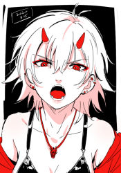 Rule 34 | 1girl, alternate costume, azur lane, black background, breasts, cleavage, collarbone, dated, ear piercing, fangs, greyscale, hair between eyes, horns, jacket, jewelry, kinu (azur lane), lips, looking at viewer, medium breasts, monochrome, necklace, off shoulder, oni horns, open mouth, piercing, red eyes, red jacket, short hair, simple background, sketch, solo, spot color, upper body, werkbau