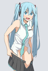 Rule 34 | 1girl, aqua (konosuba), aqua necktie, black skirt, blouse, blue eyes, blue hair, breasts, collared shirt, commentary request, convenient censoring, cosplay, grey background, hair between eyes, hatsune miku, hatsune miku (cosplay), headset, kono subarashii sekai ni shukufuku wo!, long hair, looking at viewer, lower teeth only, medium breasts, necktie, no panties, open mouth, salpin, shirt, simple background, skirt, sleeveless, sleeveless shirt, solo, standing, teeth, thighs, twintails, very long hair, vocaloid