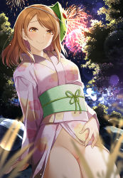 Rule 34 | 1girl, backlighting, blurry, blurry foreground, blush, brown eyes, brown hair, closed mouth, clothes lift, commentary request, cowboy shot, depth of field, exhibitionism, fireworks, flashing, floral print, green ribbon, groin, highres, hojo karen, idolmaster, idolmaster cinderella girls, japanese clothes, kimono, kimono lift, lifting own clothes, long hair, long sleeves, looking at viewer, mask, mask on head, mk (mod0), night, no panties, obi, outdoors, pink kimono, print kimono, public indecency, ribbon, rock, sash, smile, solo, swept bangs, thighs, tree