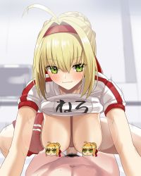 Rule 34 | 1boy, 1girl, blonde hair, blouse, blush, bouncing breasts, breasts, censored, censored nipples, character censor, closed mouth, clothes lift, fate (series), gachou, green eyes, hair intakes, hairband, hanging breasts, hetero, highres, large breasts, looking at viewer, male pubic hair, mosaic censoring, motion blur, motion lines, navel, nero claudius (fate), nero claudius (fate) (all), nipples, novelty censor, penis, pointless censoring, pubic hair, red hairband, red shorts, sex, shirt, shirt lift, short sleeves, shorts, smile, solo focus, squatting cowgirl position, bouncing breasts, white shirt