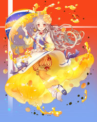 Rule 34 | 1girl, bloomers, blush, choker, dress, earrings, food, frills, fruit, grey hair, high heels, highres, jewelry, juice, long hair, miemia, open mouth, orange (fruit), orangina, personification, red eyes, ribbon, shoes, skirt, smile, socks, solo, umbrella, underwear
