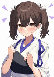 Rule 34 | 1girl, alternate hairstyle, amenocchi, blush, brown eyes, brown hair, clenched hands, commentary request, embarrassed, hair between eyes, hair ribbon, hands up, highres, japanese clothes, kaga (kancolle), kantai collection, kimono, looking at viewer, medium hair, nervous, ribbon, solo, twintails, upper body, wavy mouth, white background, white kimono, white ribbon, yellow eyes