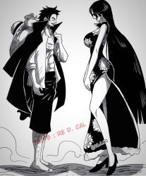 Rule 34 | 1boy, 1girl, black hair, boa hancock, breasts, dress, large breasts, long hair, monkey d. luffy, one piece, redi red.cal, smile