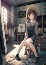 Rule 34 | 1girl, beret, black socks, blue eyes, bookshelf, breasts, brown footwear, brown hair, brown hat, bust (sculpture), closed mouth, collarbone, commentary request, day, dress, easel, hat, head tilt, highres, holding, holding paintbrush, hyuuga azuri, indoors, looking at viewer, medium breasts, newspaper, original, overalls, paint can, paintbrush, painting (object), palette (object), pinafore dress, shelf, shirt, short hair, sitting, sleeveless, sleeveless dress, socks, solo, striped clothes, striped shirt, window
