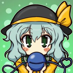 Rule 34 | 1girl, blush, covering face, covering own mouth, covering privates, eruru (erl), eyeball, face, female focus, green background, green eyes, green hair, hat, heart, heart of string, highres, komeiji koishi, matching hair/eyes, short hair, solo, third eye, touhou