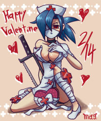 Rule 34 | 1girl, 2014, blue hair, box, breasts, cleavage, female focus, gift, gift box, heart, large breasts, loose clothes, mouth mask, name connection, nurse, red eyes, ribbon, saw, short hair, skullgirls, solo, surgical mask, symbol-shaped pupils, tagme, valentine, valentine (skullgirls)