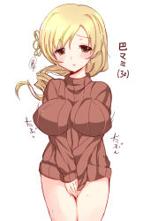 Rule 34 | 10s, 1girl, aged up, bad id, bad nicoseiga id, blonde hair, blush, breasts, breasts squeezed together, covering privates, covering crotch, drill hair, hair ornament, highres, huge breasts, impossible clothes, impossible shirt, impossible sweater, mahou shoujo madoka magica, mahou shoujo madoka magica (anime), ribbed sweater, shirt, solo, sweat, sweater, tomoe mami, translated, twin drills, twintails, v arms, white background, yellow eyes, yusato