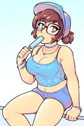 Rule 34 | 1girl, bare arms, baseball cap, blue background, blush, breasts, brown eyes, brown hair, choker, cleavage, collarbone, denim, denim shorts, food, glasses, gradient background, hat, heart, heart-shaped pupils, highres, jen-jen rose, medium breasts, mei (overwatch), midriff, navel, popsicle, short hair, shorts, sitting, solo, symbol-shaped pupils, tank top