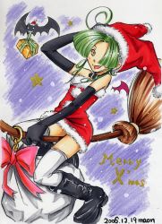 Rule 34 | 00s, 1girl, 2006, ahoge, bare shoulders, bat (animal), bat wings, boots, bow, broom, broom riding, choker, christmas, colored pencil, colored pencil (medium), dated, elbow gloves, gift, gloves, green hair, hair over one eye, hat, jester cap, maon, marker (medium), merry christmas, orange eyes, original, pencil, santa costume, santa hat, signature, solo, star (symbol), thighhighs, traditional media, wings
