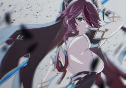 Rule 34 | 1girl, backless outfit, bare back, bare shoulders, breasts, commentary request, elbow gloves, genshin impact, gloves, grey background, grey eyes, habit, highres, large breasts, looking at viewer, medium hair, mizuamememe, purple hair, rosaria (genshin impact), simple background, solo, upper body, white gloves