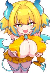 Rule 34 | 1girl, bare shoulders, blonde hair, blue eyes, blue hair, blush, bombergirl, breast hold, breasts, chawan (yultutari), cheerleader, cleavage, demon horns, demon tail, demon wings, highres, horns, huge breasts, leaning forward, microskirt, multicolored hair, necktie, open mouth, pine (bombergirl), short hair, skirt, smile, solo, swimsuit, symbol-shaped pupils, tail, thighhighs, twintails, two-tone hair, white thighhighs, wings, yellow pupils, yellow skirt