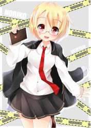 Rule 34 | 1girl, :d, black skirt, blonde hair, book, brown footwear, commentary request, commission, cowboy shot, holding, holding book, ikazu401, jacket, jacket on shoulders, long sleeves, looking at viewer, necktie, open mouth, original, pleated skirt, red-framed eyewear, red eyes, red necktie, semi-rimless eyewear, shirt, shoes, short hair, skirt, sleeves past wrists, smile, solo, standing, standing on one leg, under-rim eyewear, white shirt