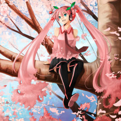 Rule 34 | 1girl, alternate color, alternate hair color, black footwear, boots, cherry, cherry blossoms, day, detached sleeves, eiji (eiji), food, fruit, hatsune miku, headphones, in tree, long hair, name connection, necktie, object namesake, outdoors, petals, pink hair, sakura miku, sitting, sitting in tree, skirt, smile, solo, thighhighs, tree, twintails, very long hair, vocaloid, zettai ryouiki