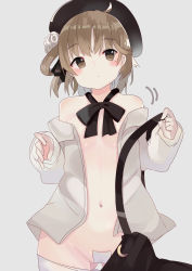 Rule 34 | 1girl, absurdres, bare shoulders, black bow, black bowtie, blush, bow, bowtie, brown eyes, brown hair, closed mouth, clothes pull, commentary, flower, gluteal fold, hat, hatoba tsugu, hatoba tsugu, highres, looking at viewer, maebari, mole, mole under eye, navel, open clothes, open shirt, pantyhose, pantyhose pull, shirt, short hair, solo, suspenders, te toga, undressing, virtual youtuber, white pantyhose, white shirt