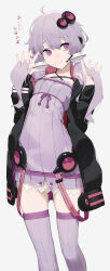 Rule 34 | 1girl, absurdres, ahoge, black hoodie, closed mouth, collarbone, criss-cross halter, dress, feet out of frame, frilled dress, frills, grey background, hair between eyes, hair ornament, hair tubes, halter dress, halterneck, hands up, headset, highres, holding, holding hair, hood, hood down, hoodie, long sleeves, looking at viewer, microphone, open clothes, open hoodie, purple dress, purple eyes, purple hair, purple ribbon, purple thighhighs, ribbed dress, ribbed legwear, ribbon, rsk (tbhono), short dress, short hair with long locks, sidelocks, simple background, skindentation, sleeves past wrists, smile, solo, standing, strapless, strapless dress, thighhighs, thighs, tube dress, vocaloid, voiceroid, white background, yuzuki yukari, zettai ryouiki
