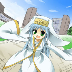 Rule 34 | 00s, blue hair, green eyes, habit, hat, index (toaru majutsu no index), long hair, murazou (mugenloop), outstretched arms, robe, safety pin, smile, solo, spread arms, toaru majutsu no index