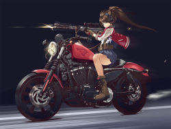Rule 34 | 1girl, afterimage, assault rifle, black background, blue eyes, blue skirt, boots, brown footwear, brown gloves, brown hair, brown ribbon, closed mouth, commentary request, cross-laced footwear, ear protection, firing, gloves, gun, hair ribbon, harley davidson, highres, holding, holding gun, holding weapon, howa type 89, jacket, kankurou, lace-up boots, letterman jacket, light, long hair, long sleeves, looking away, motion blur, motor vehicle, motorcycle, muzzle flash, on motorcycle, one eye closed, open clothes, open jacket, original, pleated skirt, ponytail, red jacket, ribbon, riding, rifle, scope, shell casing, sitting, skirt, smoke, solo, vehicle request, very long hair, weapon